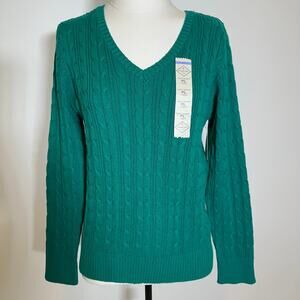 NWT St. John's Bay Green Cable Knit V-Neck Sweater Womens Petite Size PL Preppy